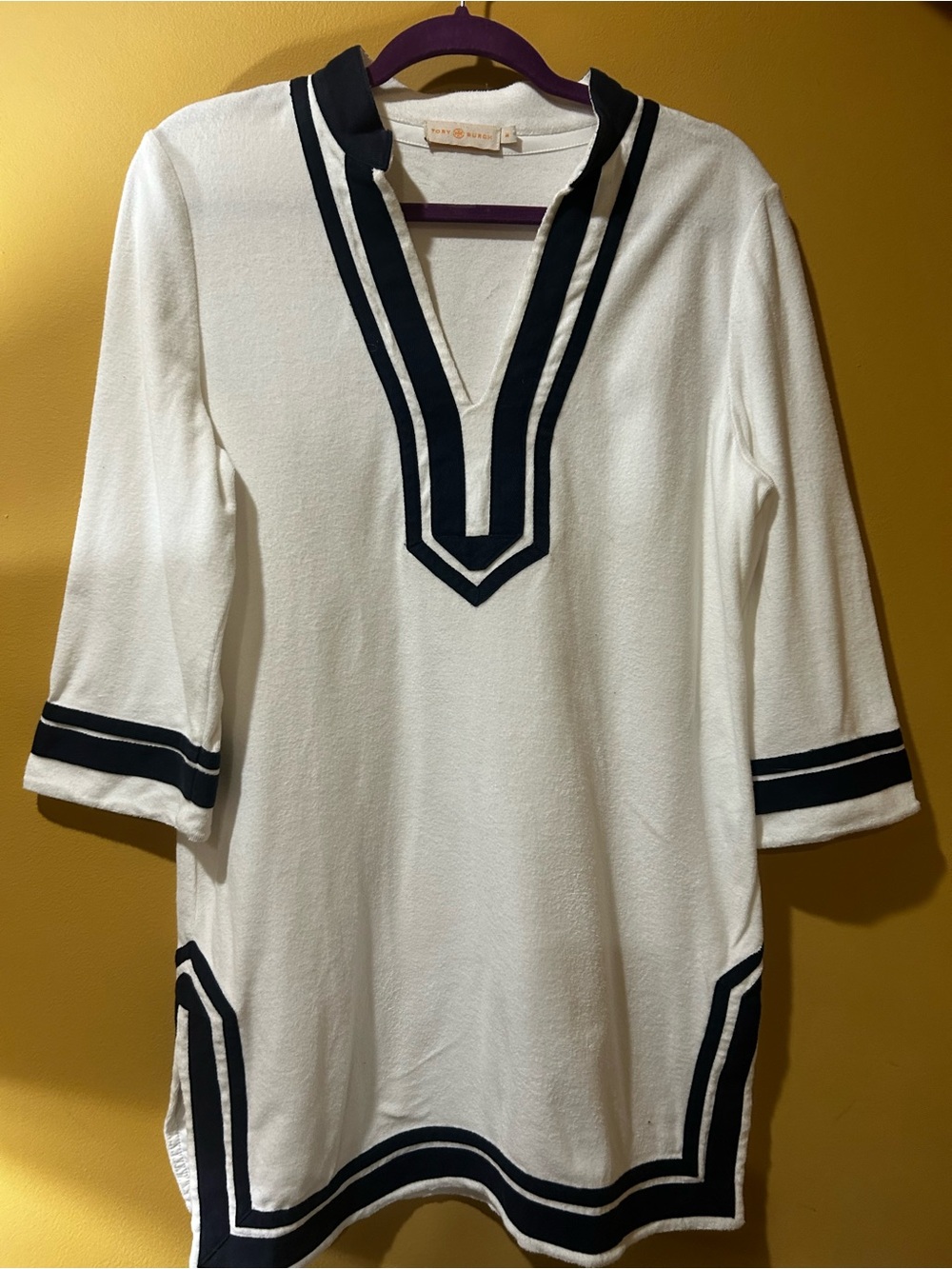 White Woman’s Tunic Shirt with Navy Trim